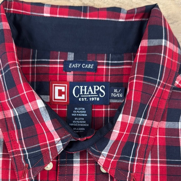 Chaps Men's Easy Care Red White Blue Plaid Button Up Shirt - Picture 4 of 8